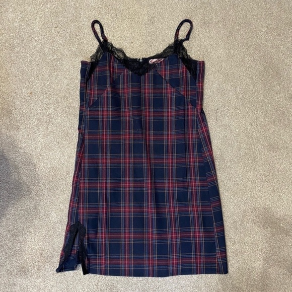 Re:Named Plaid Mini Dress With Lace Trim Size L - Picture 1 of 5